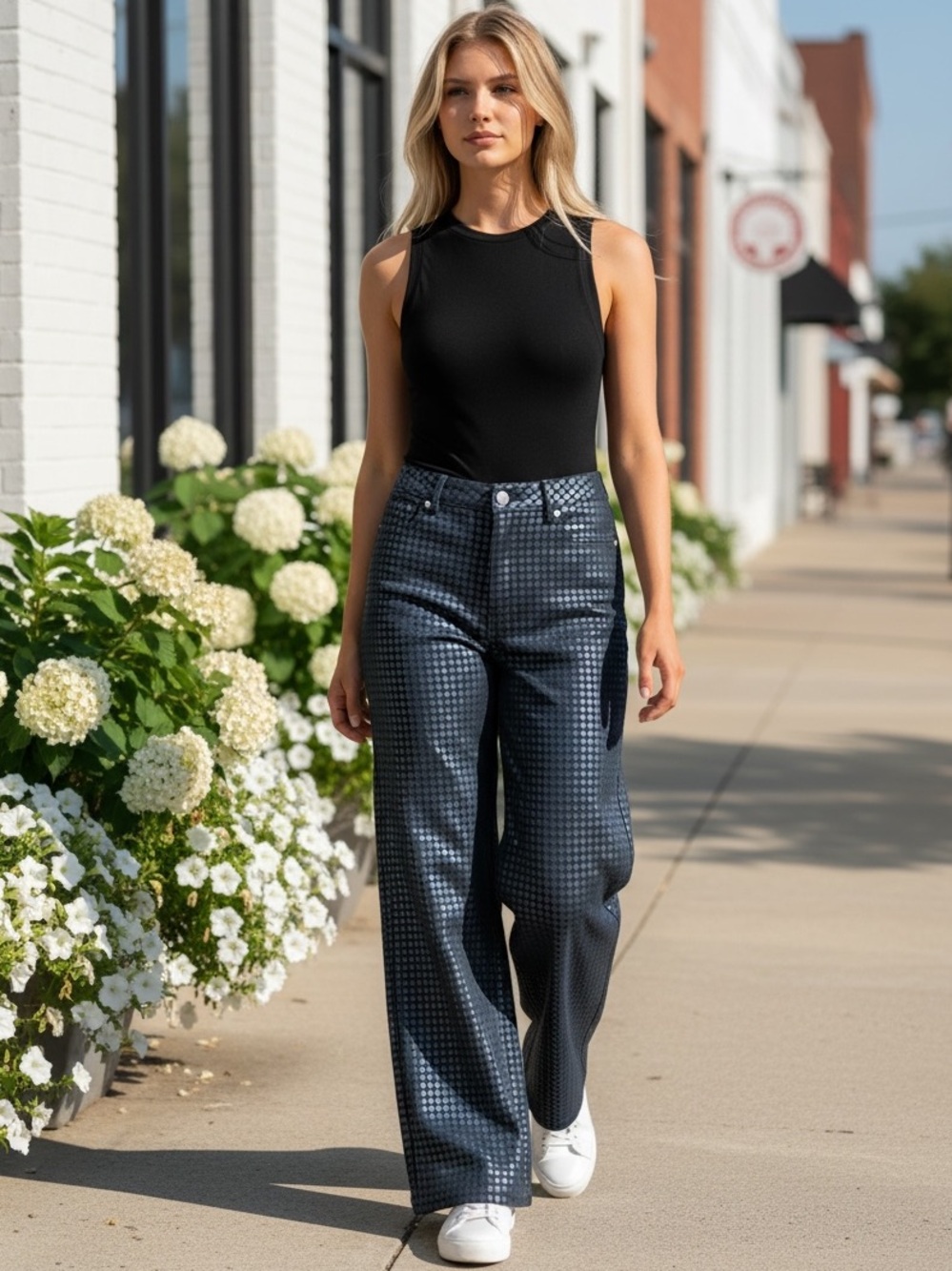 NEW blue b Black Washed Clear Polka Dot Print Retro Overlay Wide Leg Denim Jeans